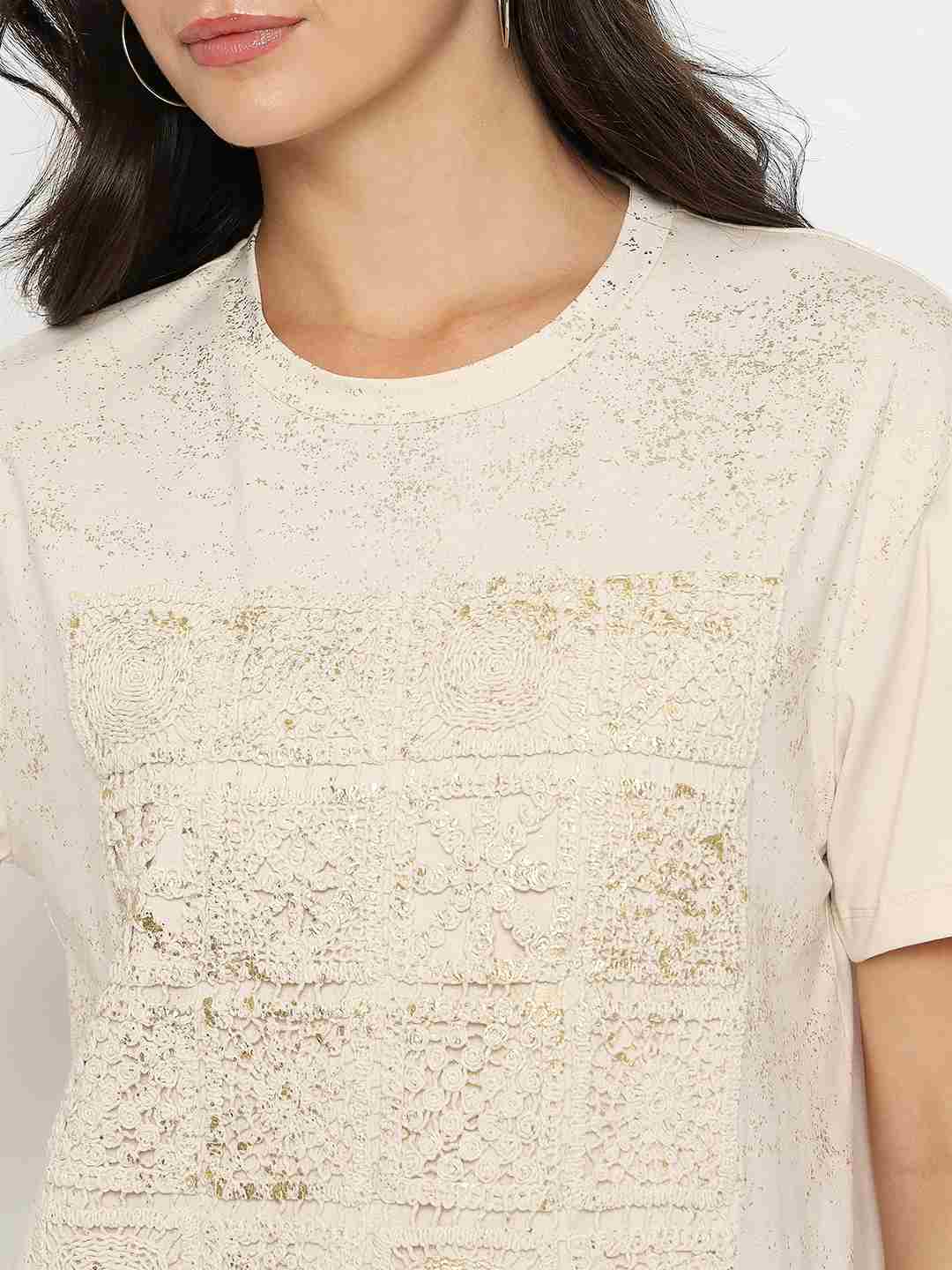 Madame Dori Embroidery Cotton Blend Beige T-shirt - Image 7