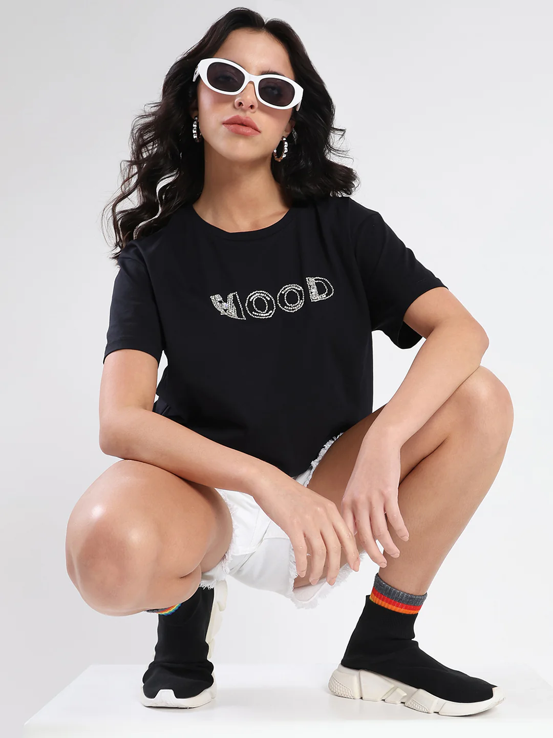 Madame Embellished Pocket Typography Black Cotton T-shirt