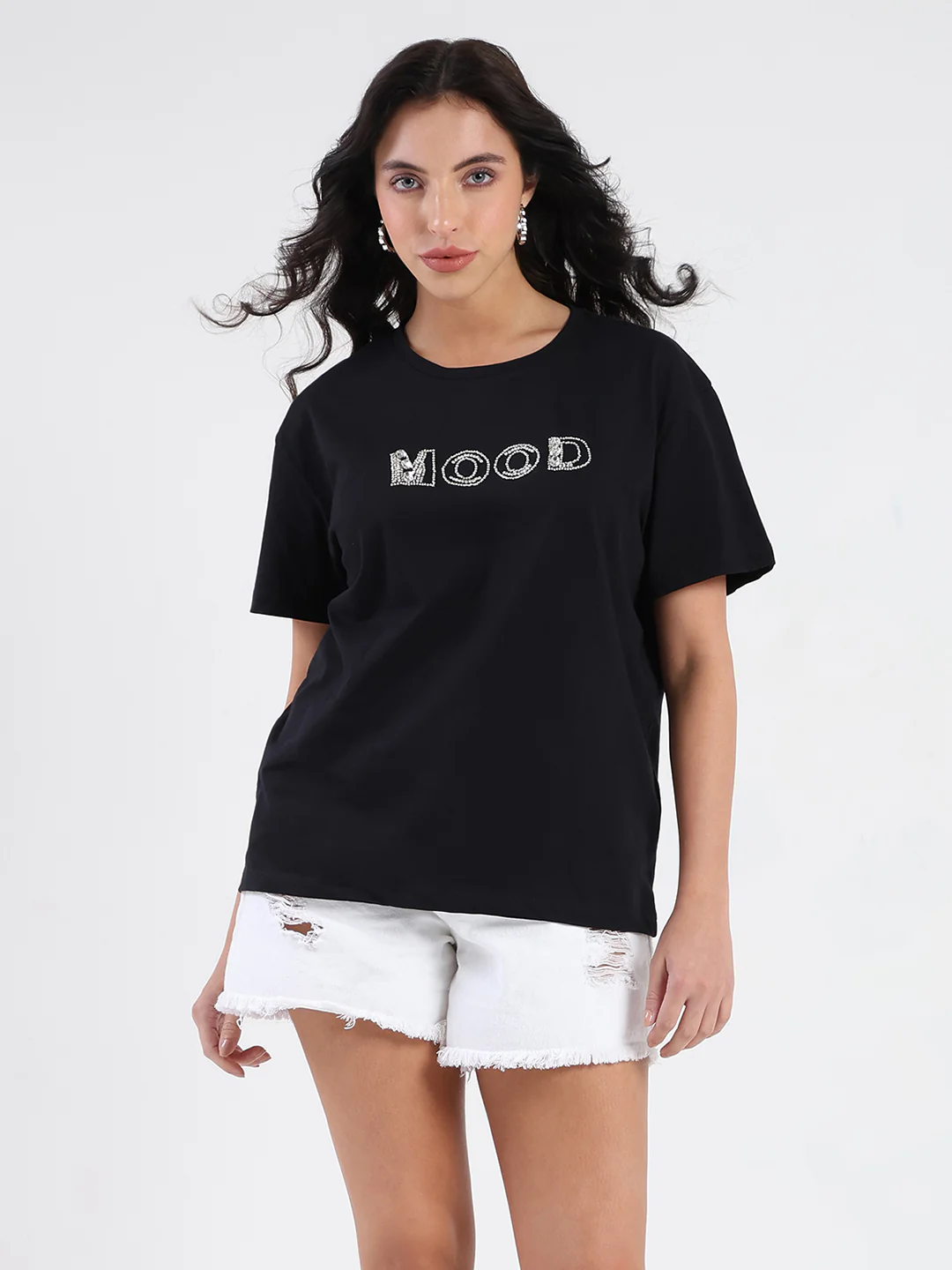 Madame Embellished Pocket Typography Black Cotton T-shirt - Image 3