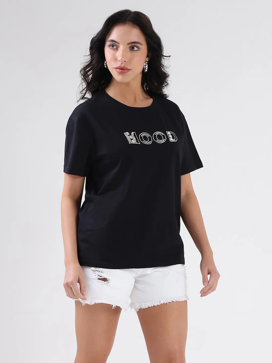 Madame Embellished Pocket Typography Black Cotton T-shirt - Image 4