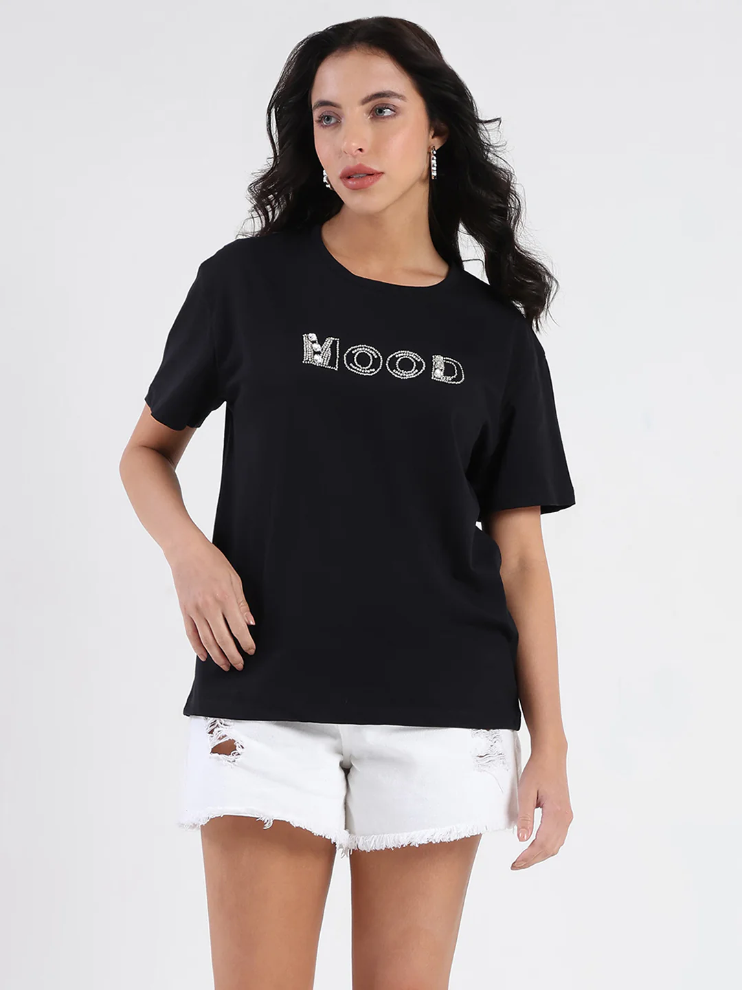 Madame Embellished Pocket Typography Black Cotton T-shirt - Image 5