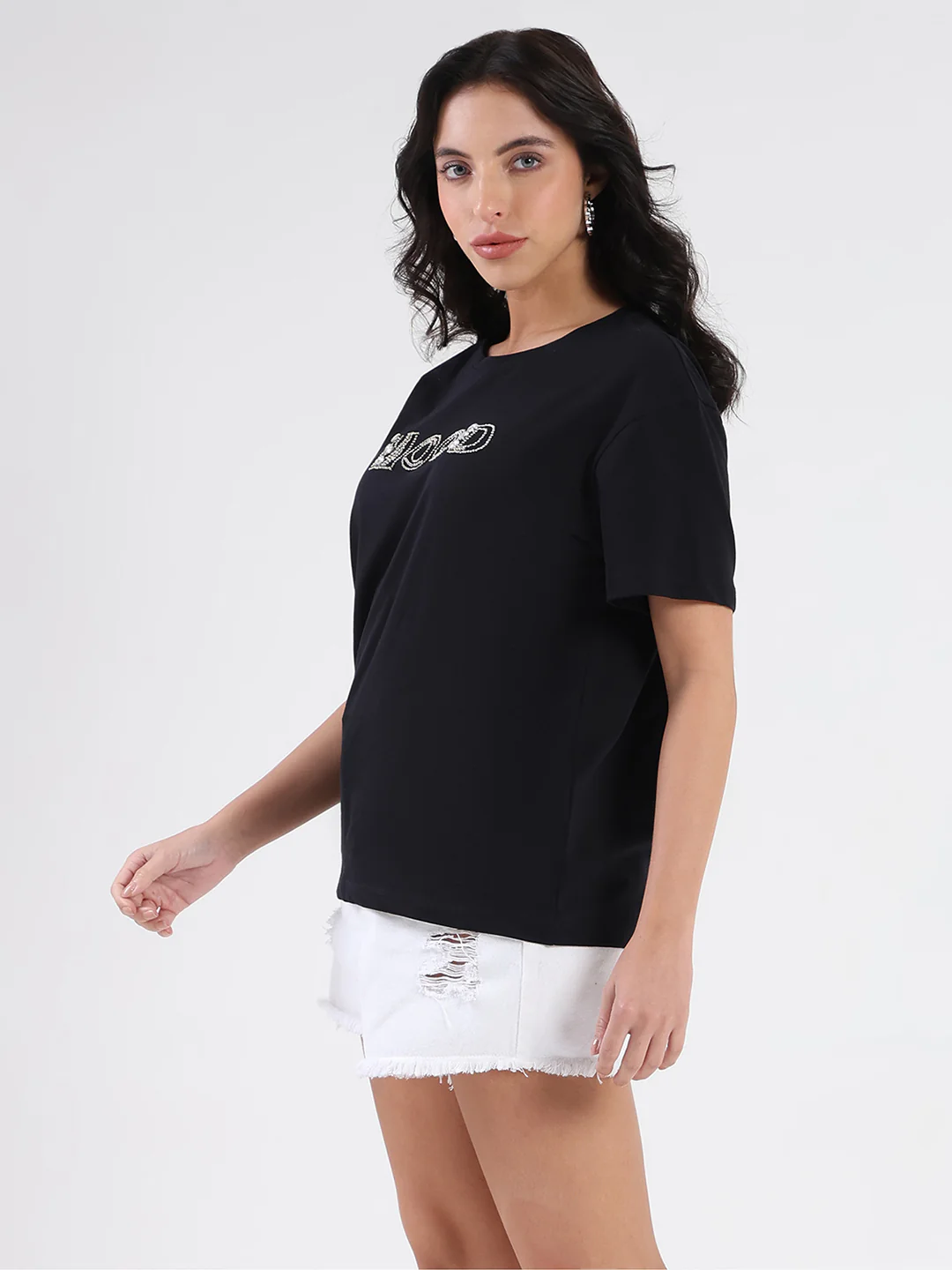Madame Embellished Pocket Typography Black Cotton T-shirt - Image 6