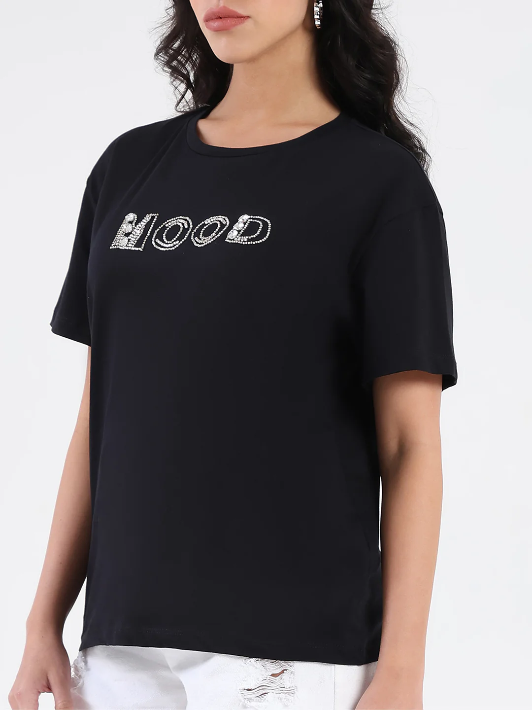 Madame Embellished Pocket Typography Black Cotton T-shirt - Image 8