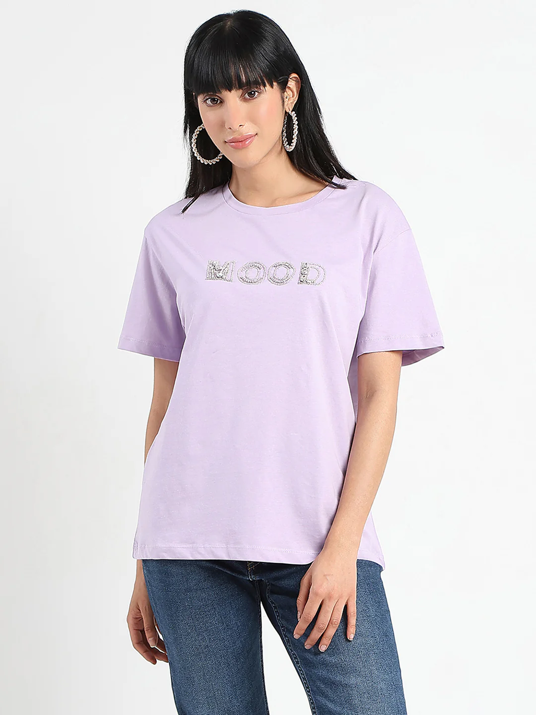 Madame Embellished Typography Lilac Cotton T-Shirt - Image 3