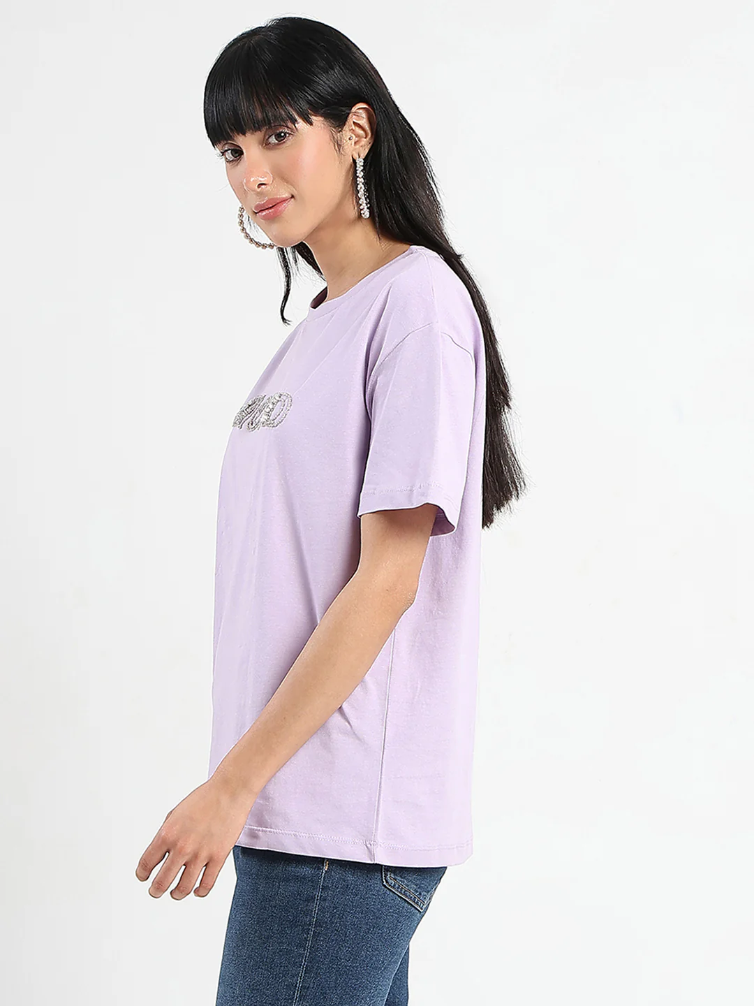 Madame Embellished Typography Lilac Cotton T-Shirt - Image 4