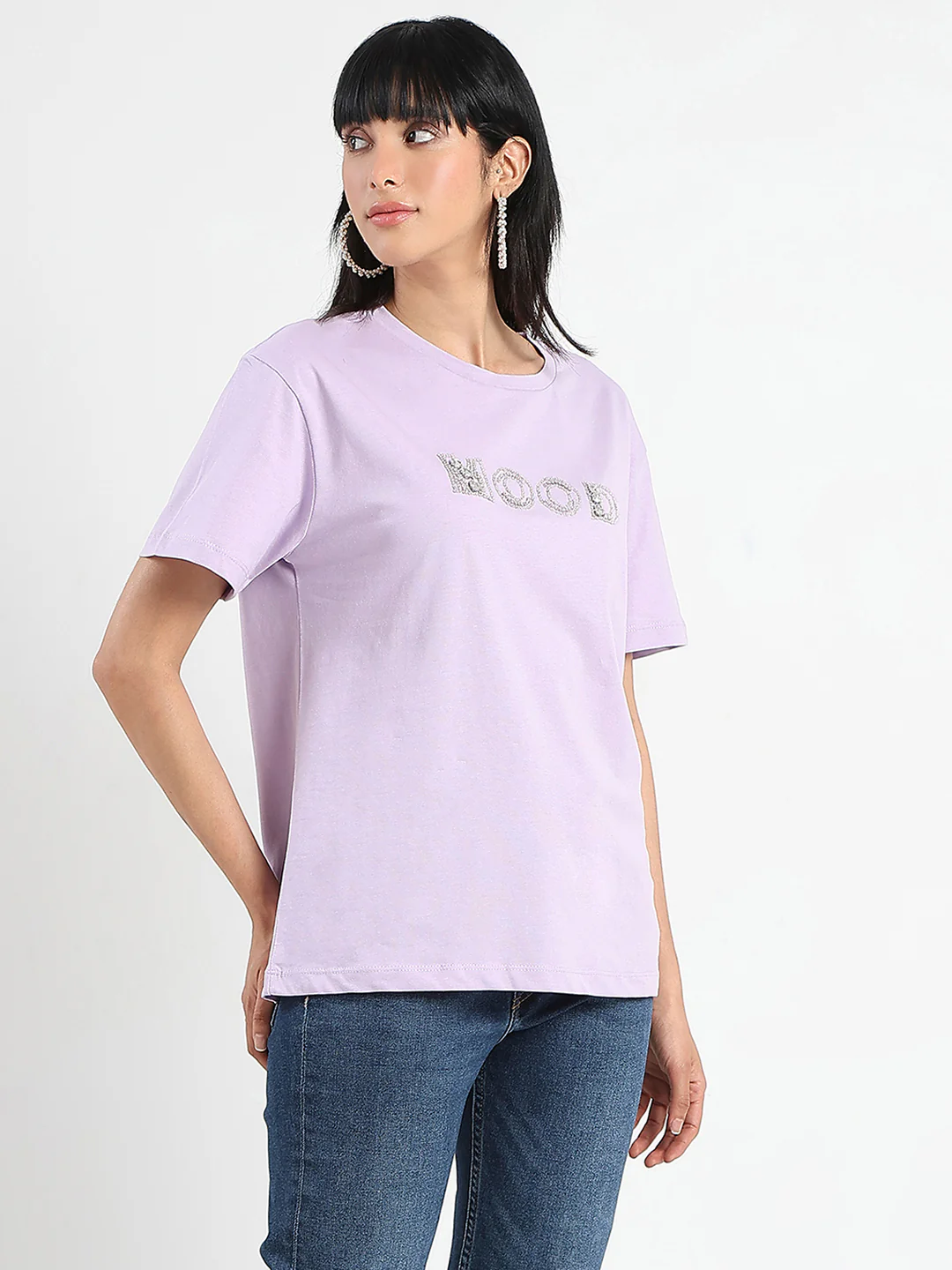 Madame Embellished Typography Lilac Cotton T-Shirt - Image 5
