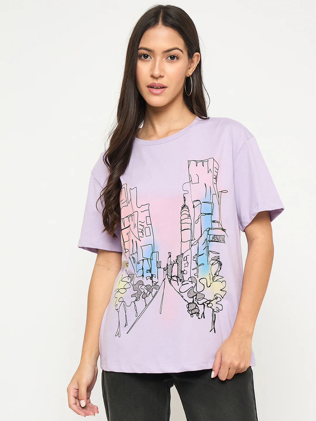 Madame Swarovski Detail Graphic Print Cotton Lilac T-shirt - Image 3