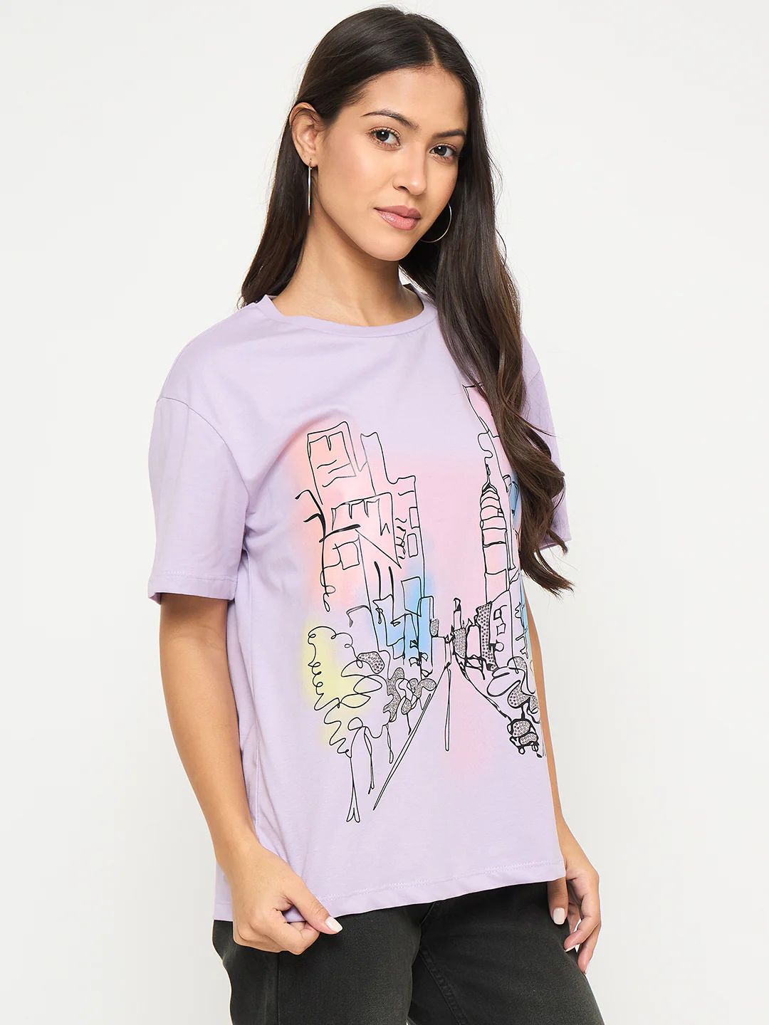 Madame Swarovski Detail Graphic Print Cotton Lilac T-shirt - Image 4