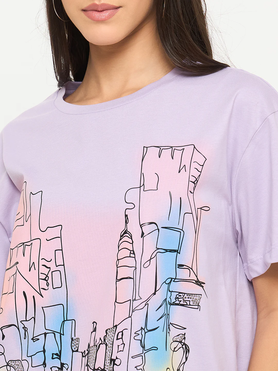 Madame Swarovski Detail Graphic Print Cotton Lilac T-shirt - Image 7