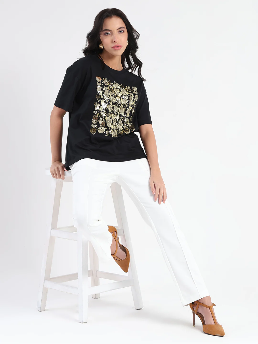 Madame Front Embellished Solid Black Cotton T-shirt - Image 2