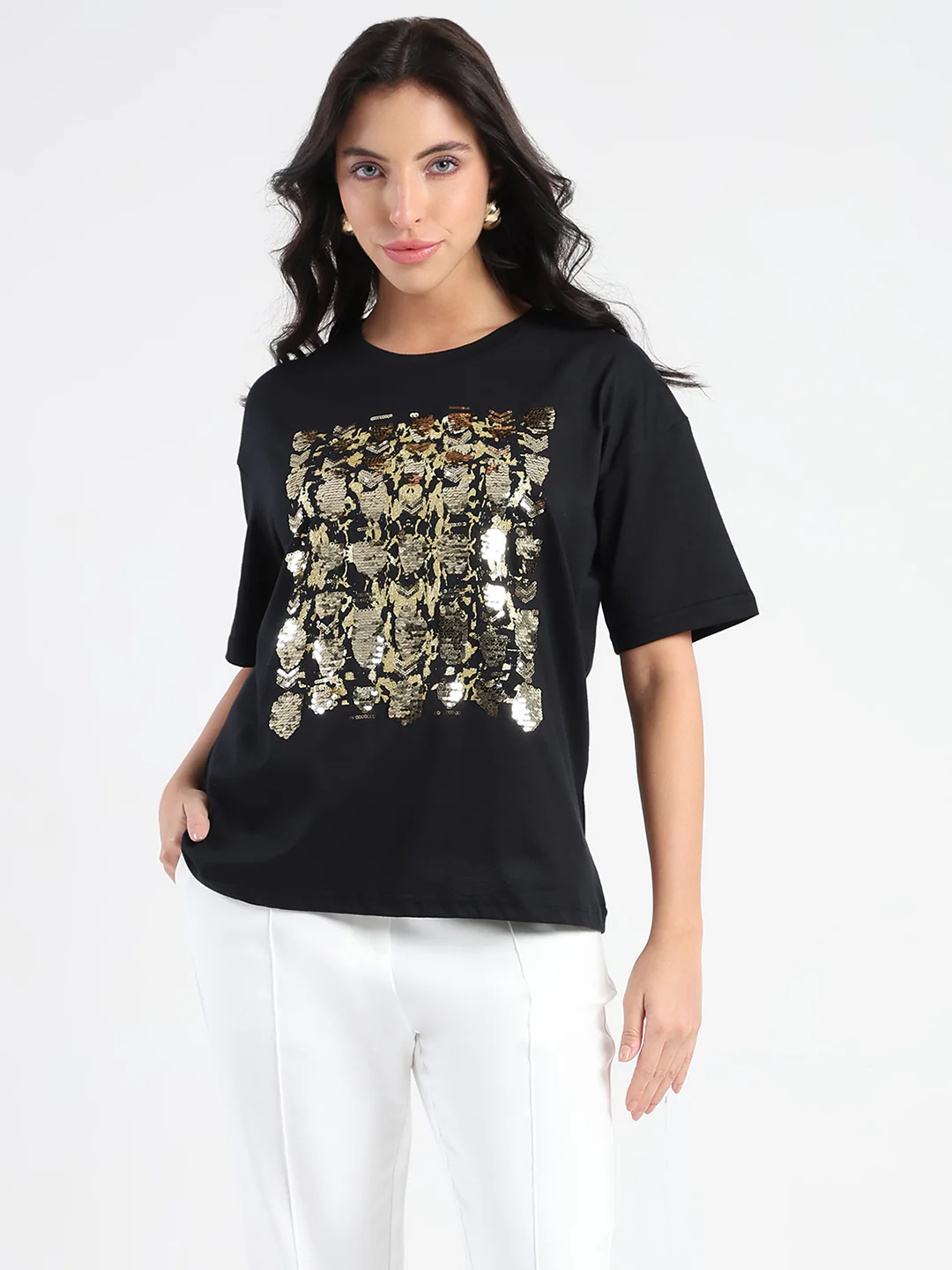 Madame Front Embellished Solid Black Cotton T-shirt - Image 3