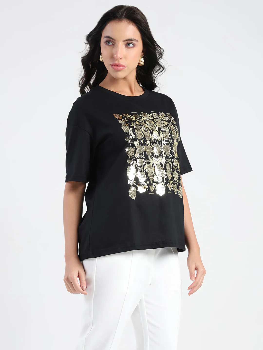 Madame Front Embellished Solid Black Cotton T-shirt - Image 4