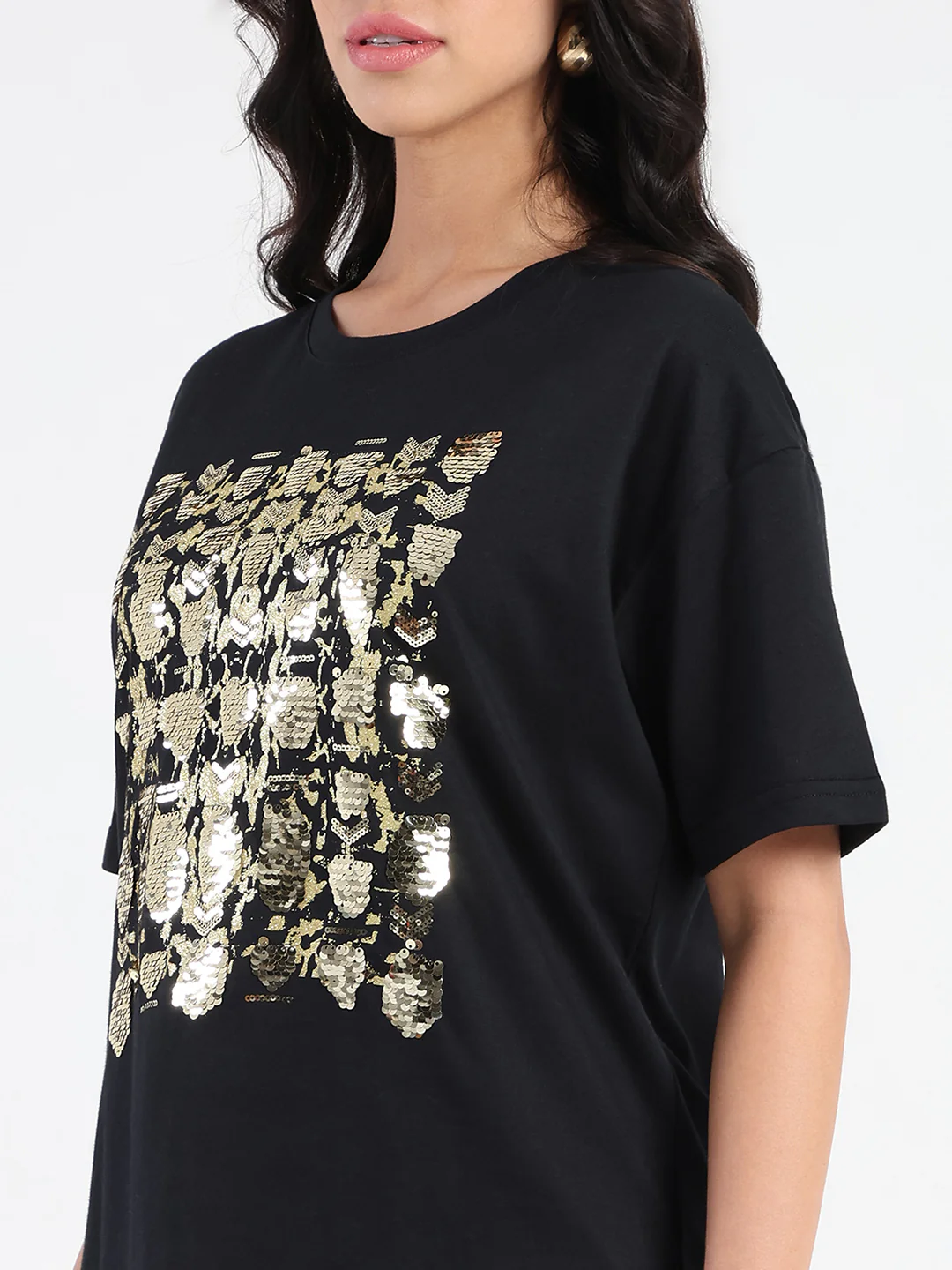 Madame Front Embellished Solid Black Cotton T-shirt - Image 7