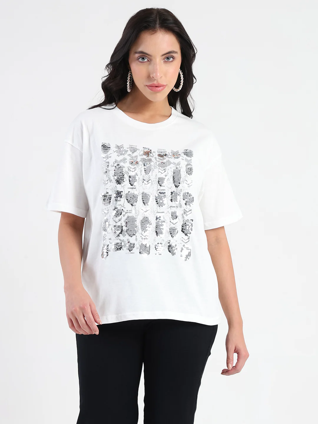 Madame Front Embellished Solid White Cotton T-shirt - Image 3