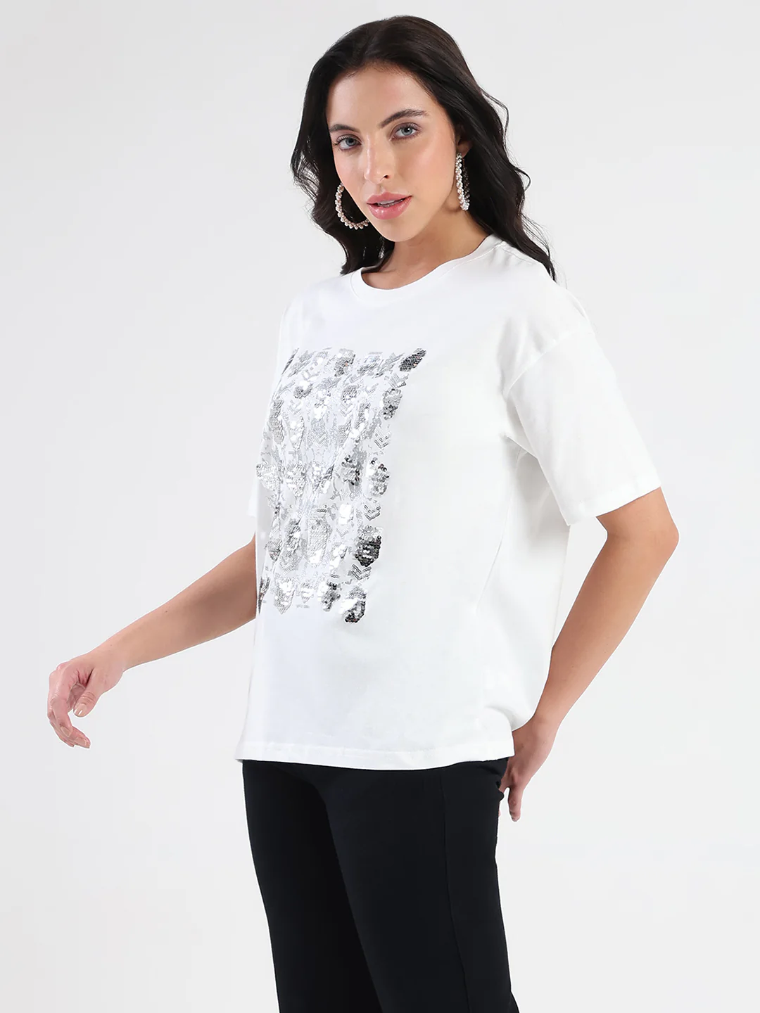 Madame Front Embellished Solid White Cotton T-shirt - Image 5