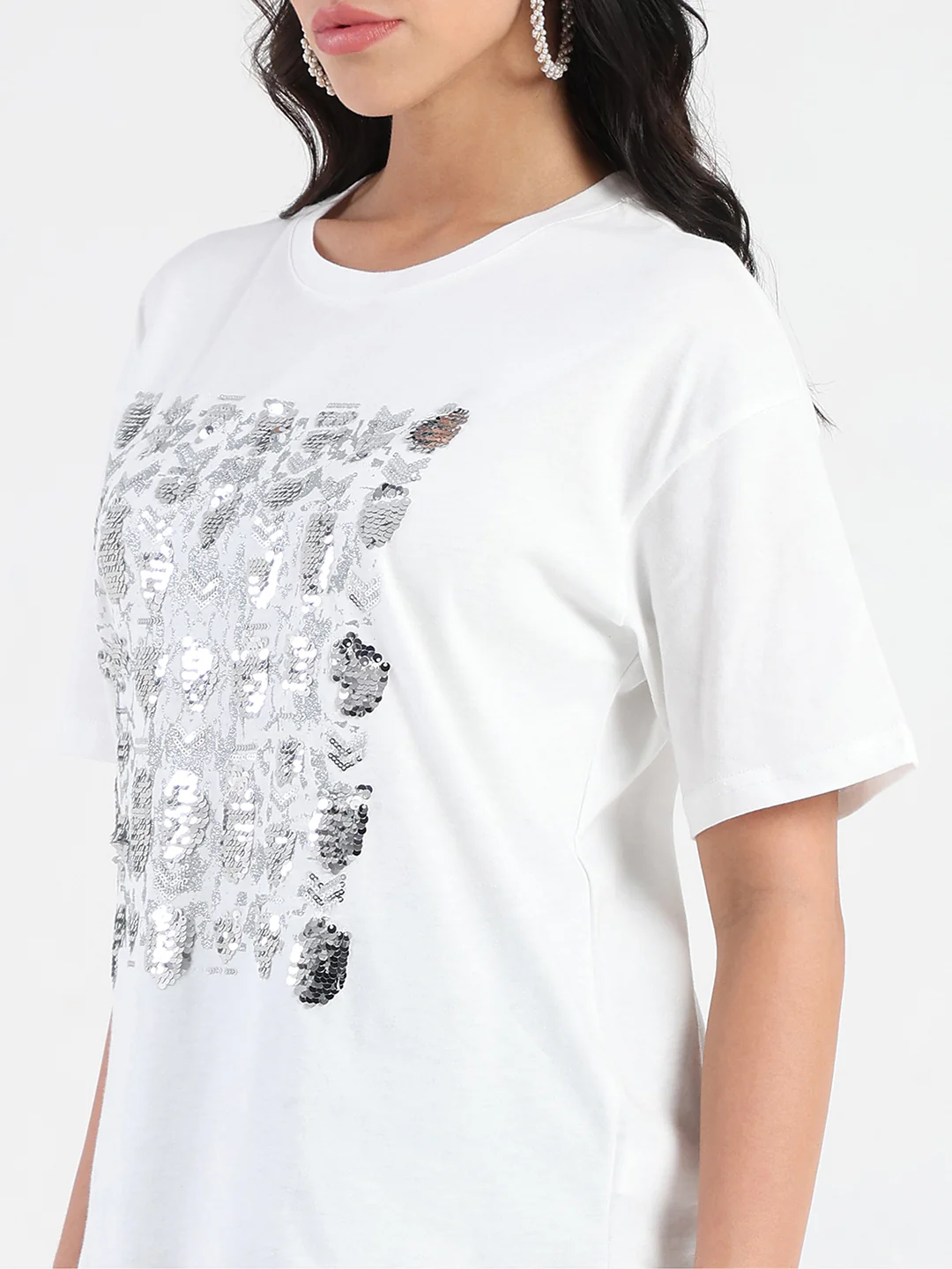 Madame Front Embellished Solid White Cotton T-shirt - Image 7