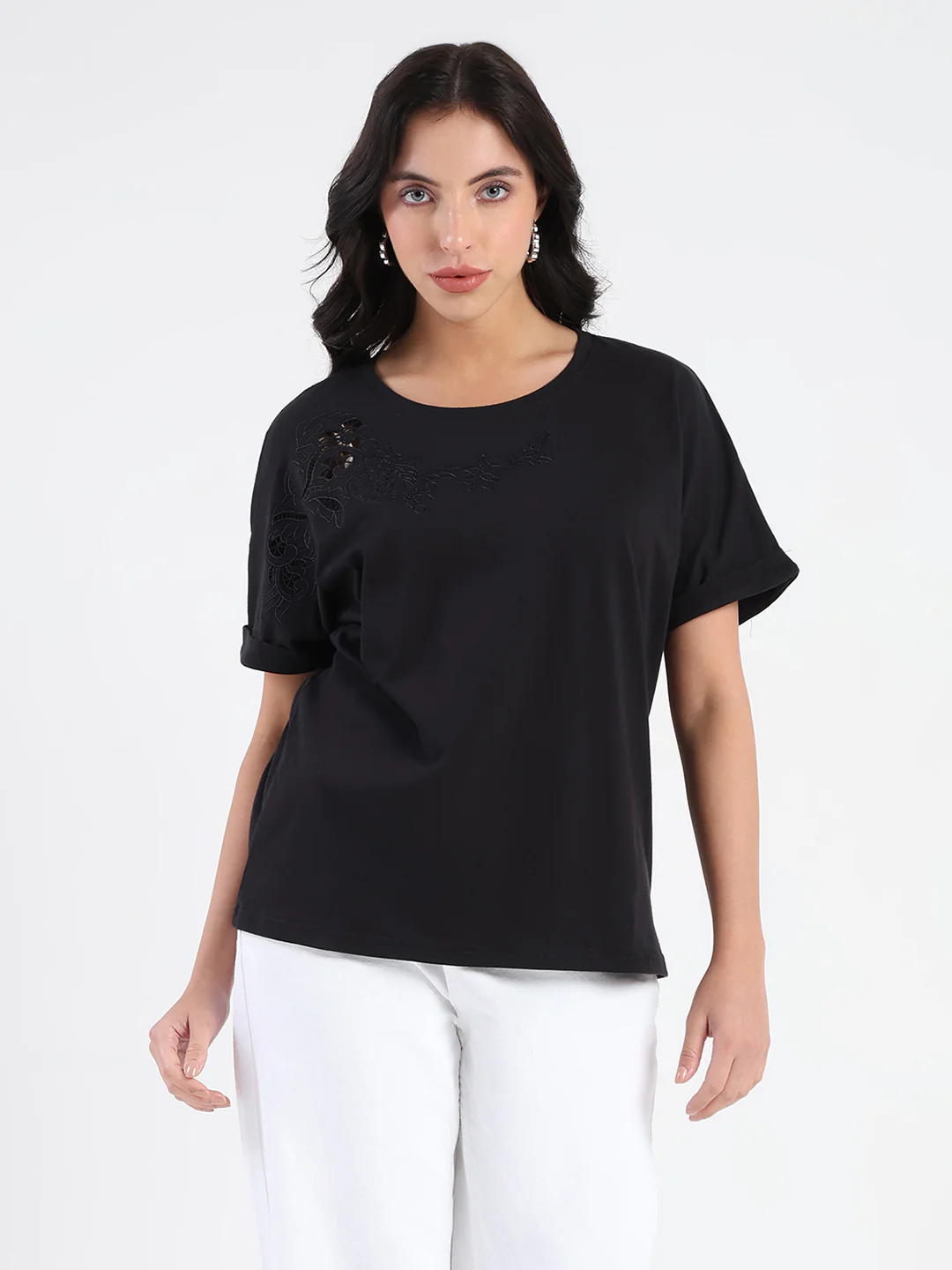 Madame Embroidery Cutwork Detail Solid Black Cotton T-shirt - Image 3
