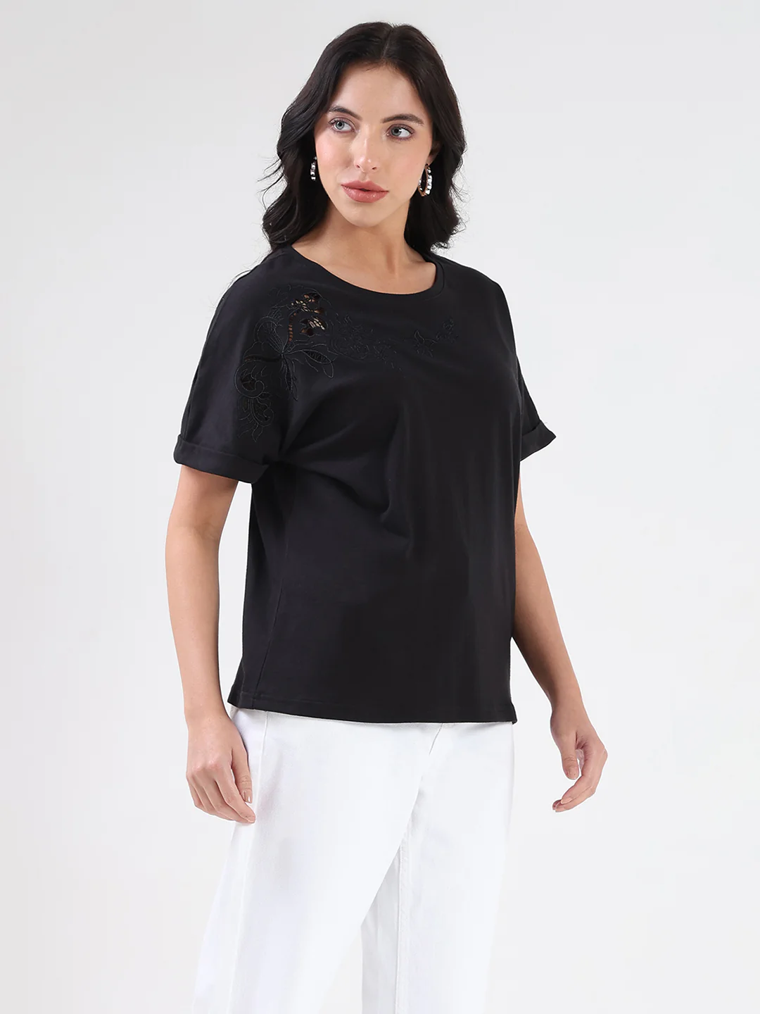 Madame Embroidery Cutwork Detail Solid Black Cotton T-shirt - Image 4