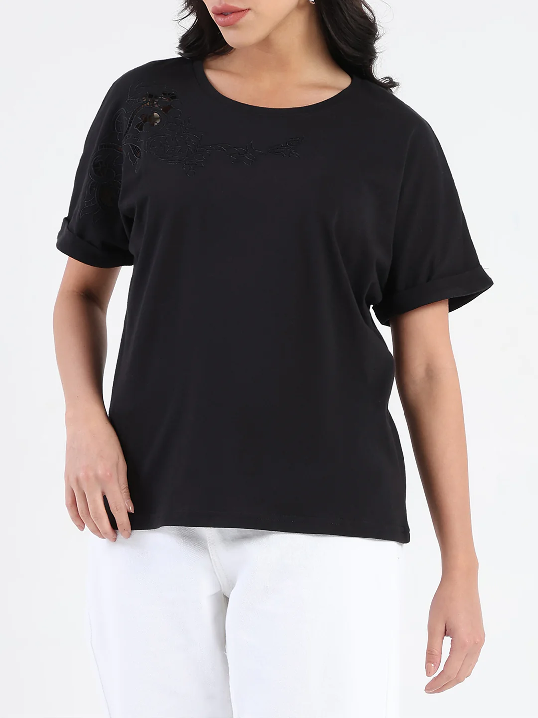 Madame Embroidery Cutwork Detail Solid Black Cotton T-shirt - Image 7