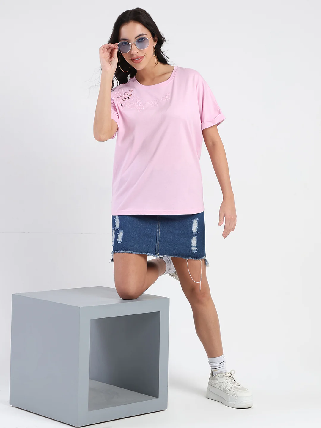 Madame Embroidery Cutwork Detail Solid Lilac Cotton T-shirt