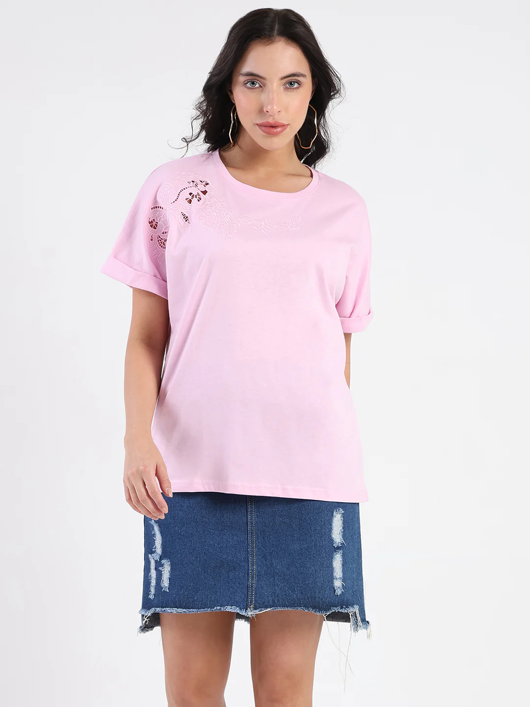 Madame Embroidery Cutwork Detail Solid Lilac Cotton T-shirt - Image 3