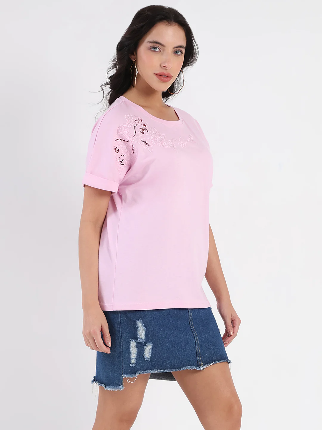 Madame Embroidery Cutwork Detail Solid Lilac Cotton T-shirt - Image 4