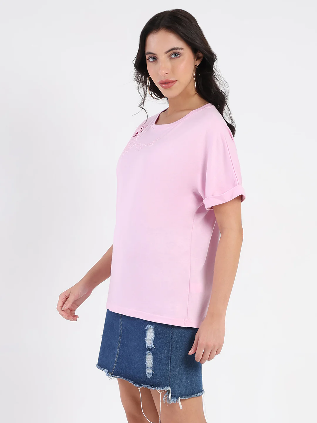 Madame Embroidery Cutwork Detail Solid Lilac Cotton T-shirt - Image 5