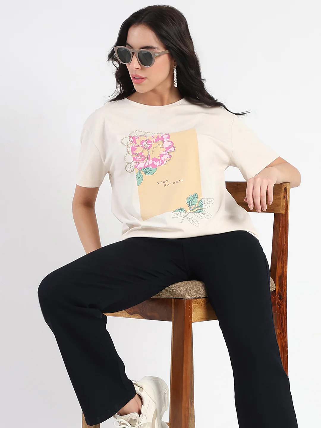 Madame Graphic Print Beige Cotton Blend T-shirt - Image 2