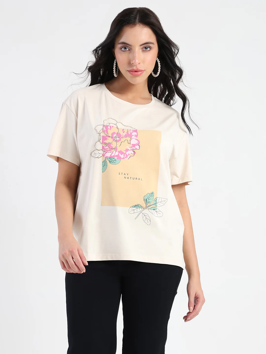 Madame Graphic Print Beige Cotton Blend T-shirt - Image 3