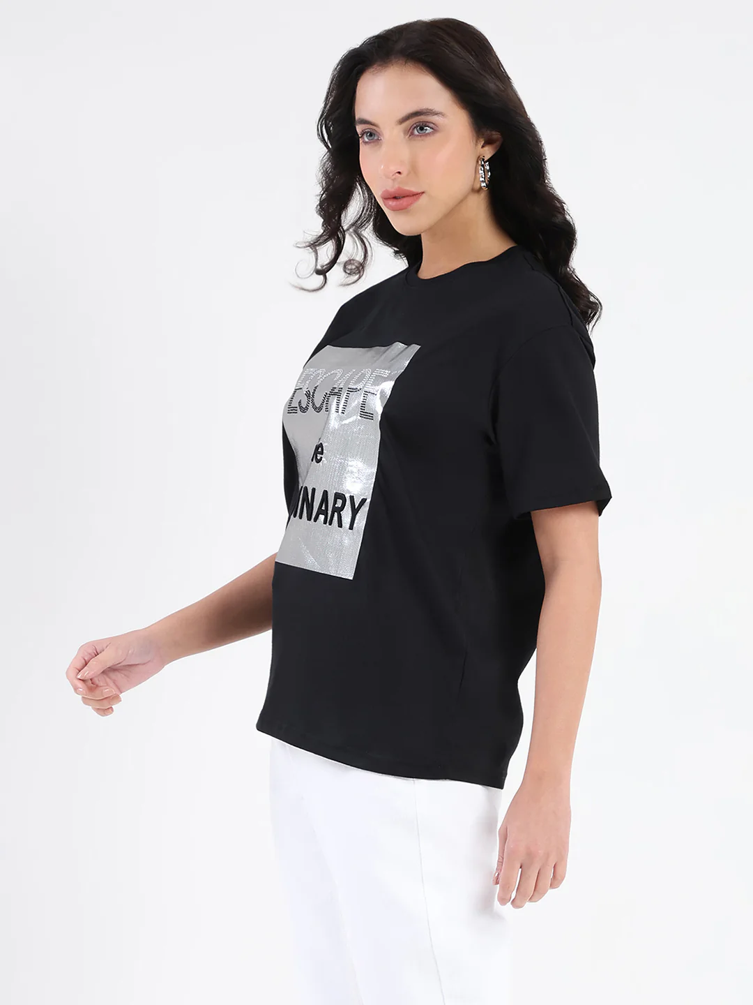 Madame Swarovski Detailed Graphic Print Black Cotton T-shirt - Image 5