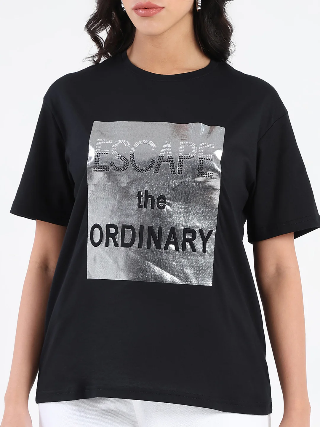 Madame Swarovski Detailed Graphic Print Black Cotton T-shirt - Image 7