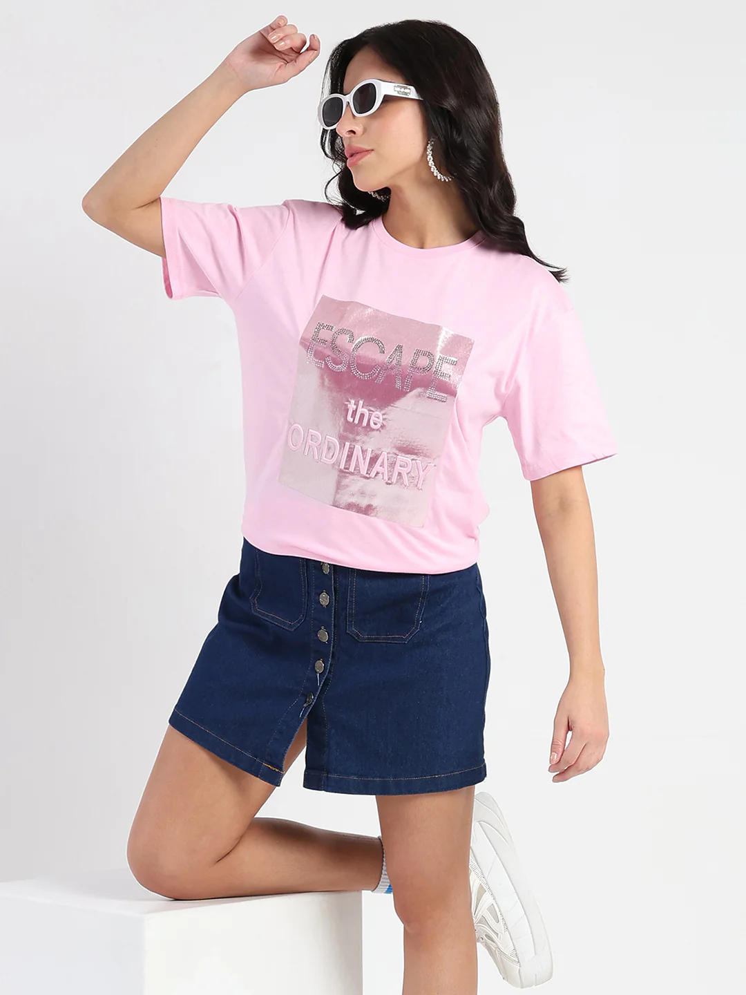 Madame Swarovski Detailed Graphic Print Pink Cotton T-shirt