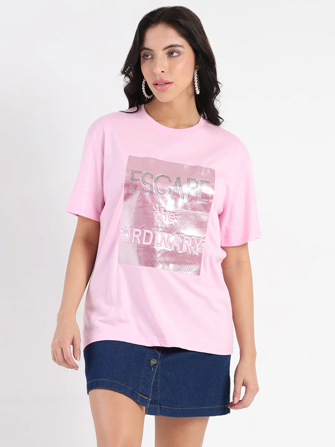 Madame Swarovski Detailed Graphic Print Pink Cotton T-shirt - Image 3