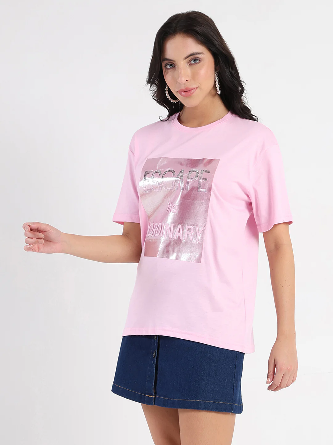 Madame Swarovski Detailed Graphic Print Pink Cotton T-shirt - Image 5