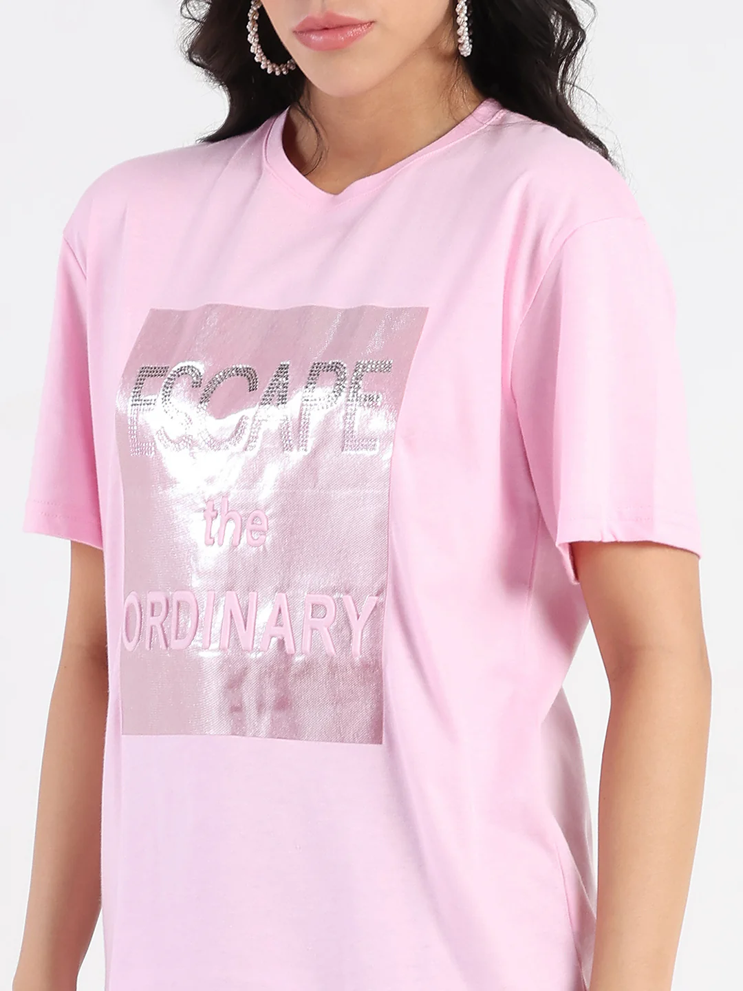 Madame Swarovski Detailed Graphic Print Pink Cotton T-shirt - Image 7