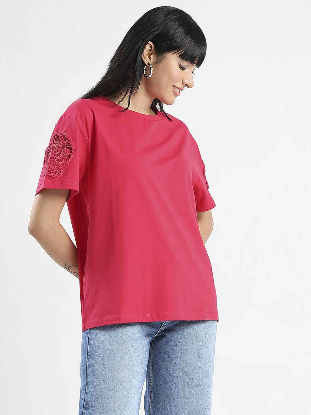Madame Embroidered Sleeve Solid Red Cotton T-Shirt - Image 3