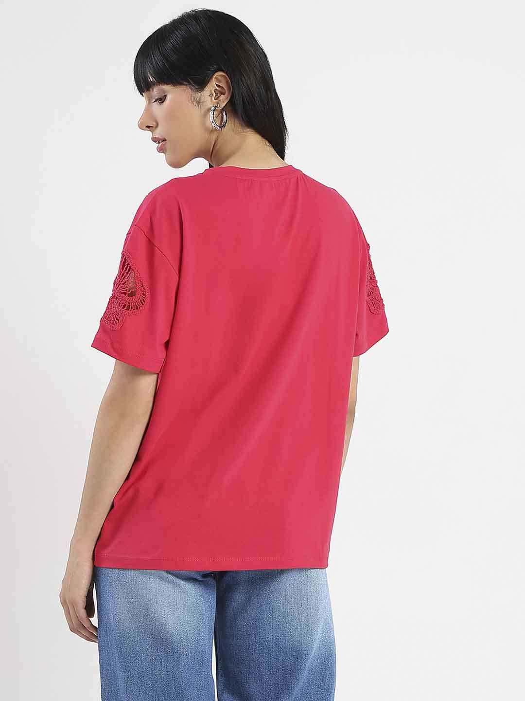 Madame Embroidered Sleeve Solid Red Cotton T-Shirt - Image 4