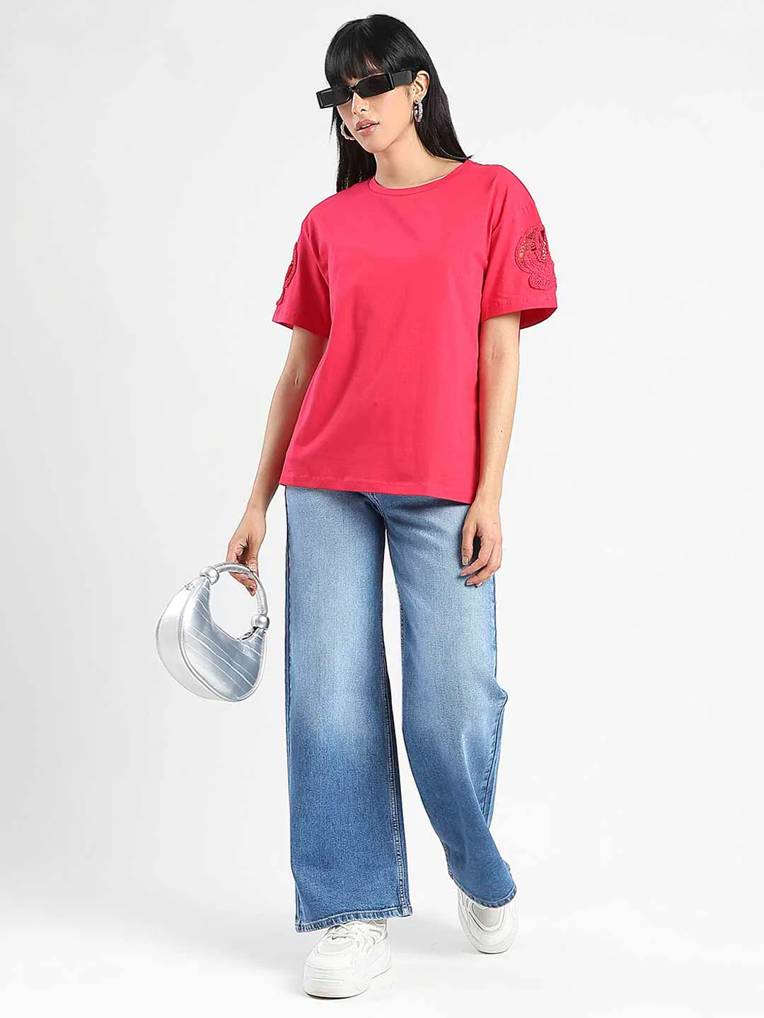 Madame Embroidered Sleeve Solid Red Cotton T-Shirt - Image 5