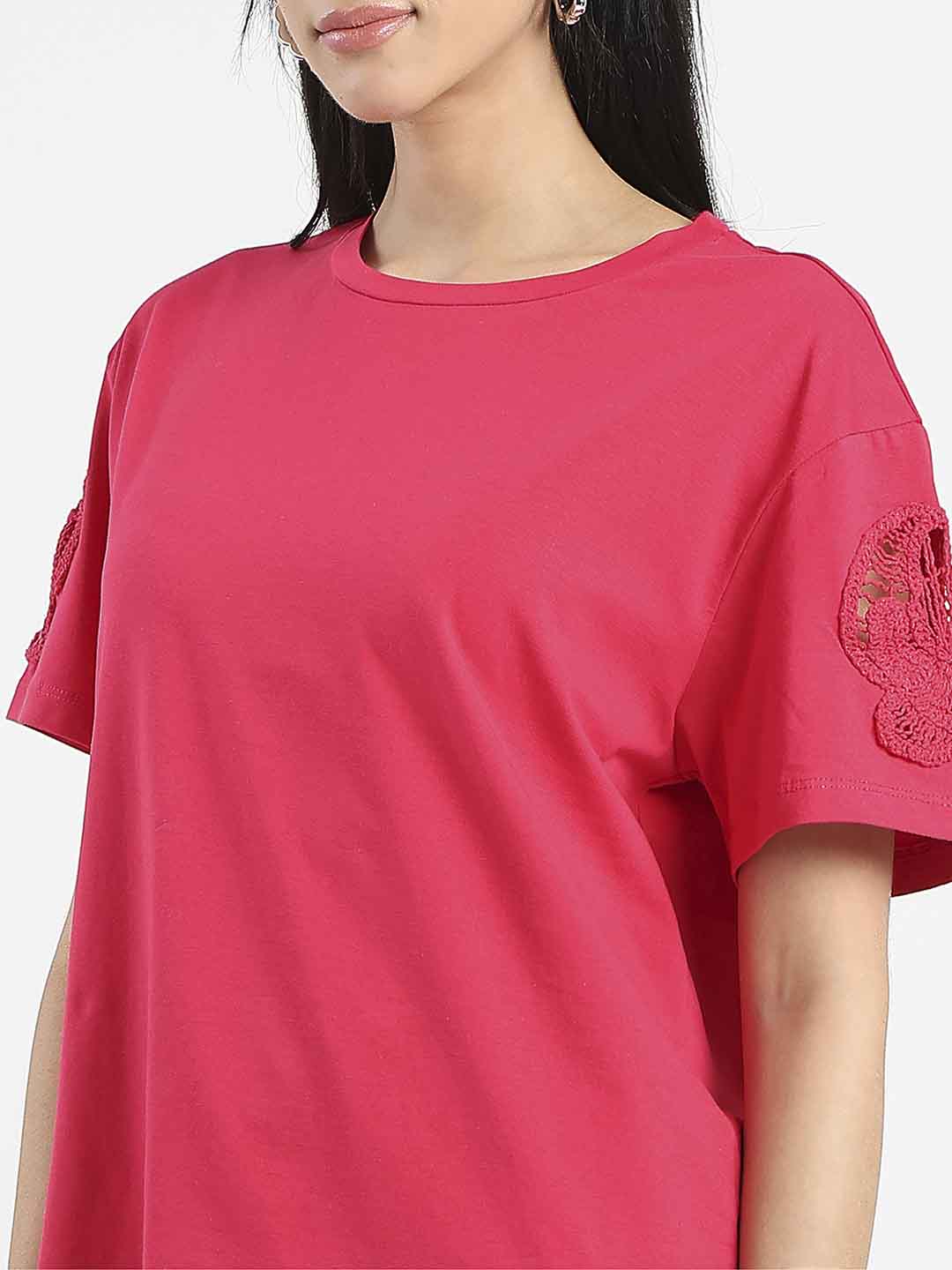 Madame Embroidered Sleeve Solid Red Cotton T-Shirt - Image 7