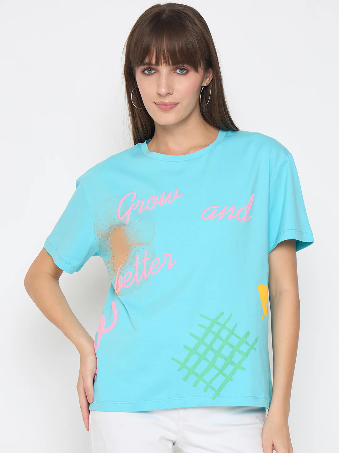 Madame Handwork and Embroidery Detail Aqua Blue T-shirt - Image 3