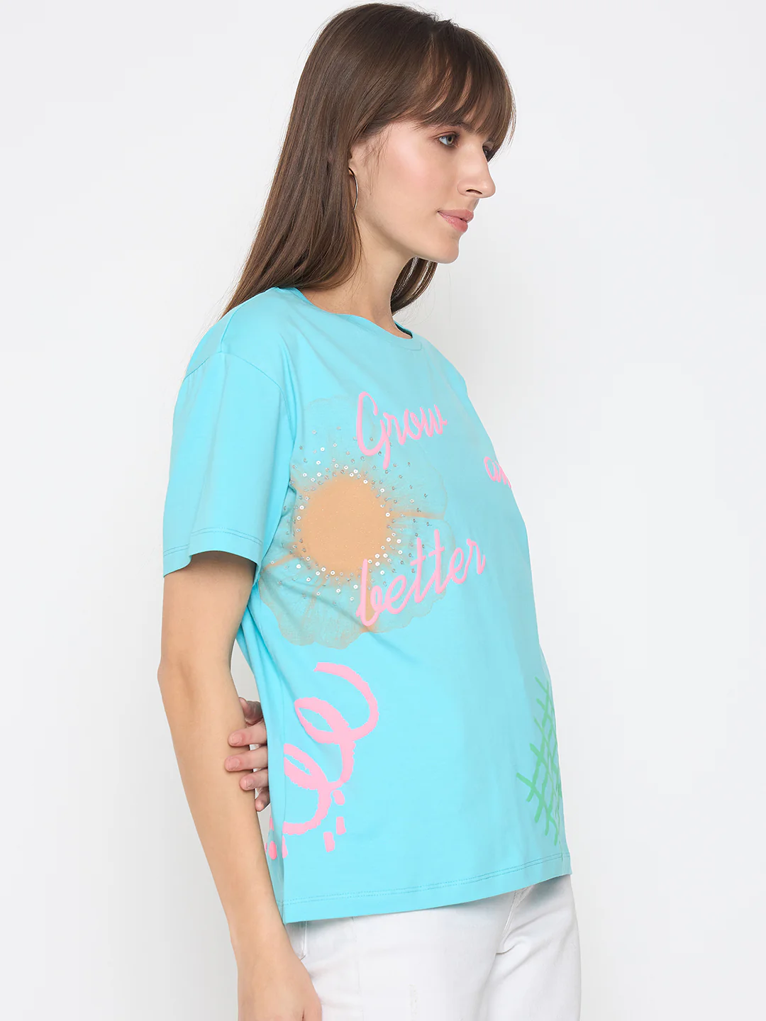 Madame Handwork and Embroidery Detail Aqua Blue T-shirt - Image 4