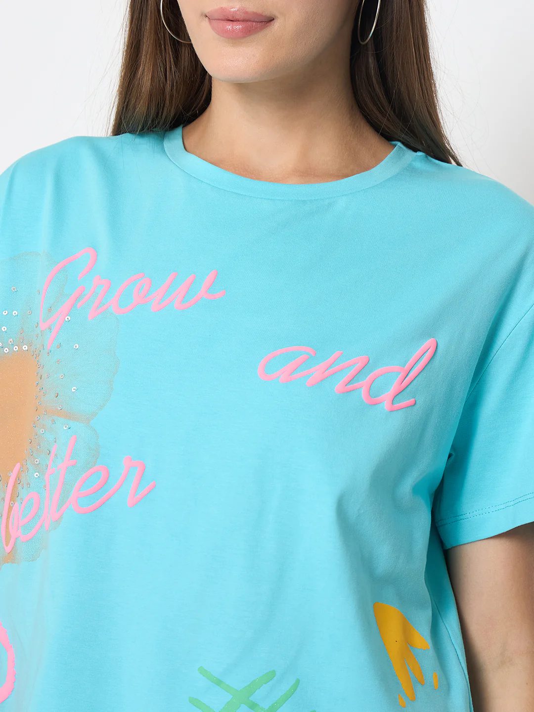 Madame Handwork and Embroidery Detail Aqua Blue T-shirt - Image 7