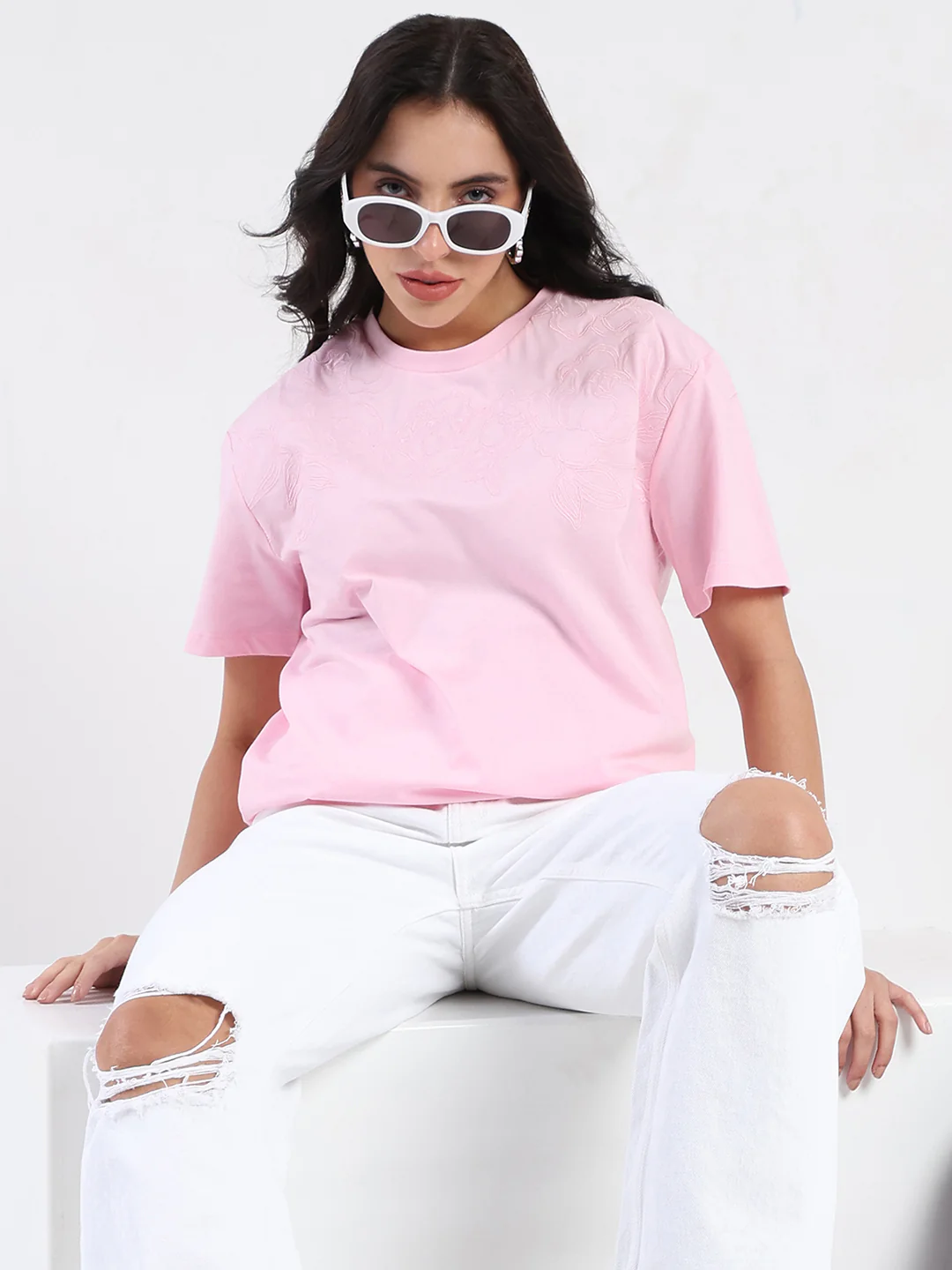 Madame Embroidered Half Sleeve Pink Cotton T-shirt - Image 2