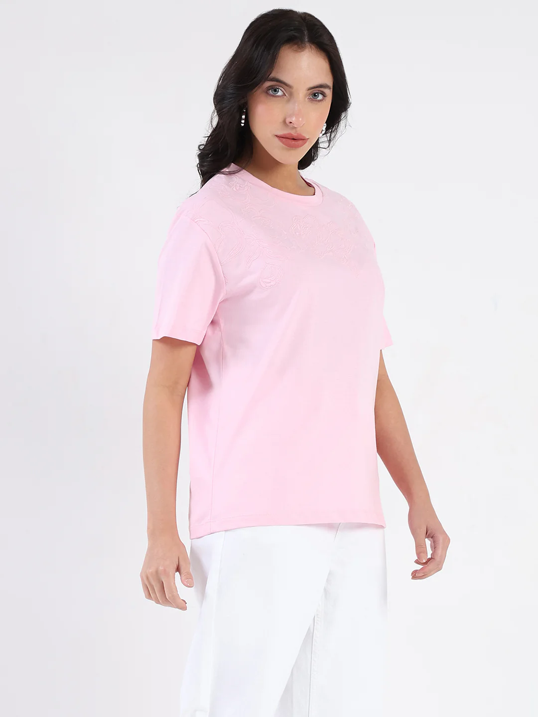 Madame Embroidered Half Sleeve Pink Cotton T-shirt - Image 4