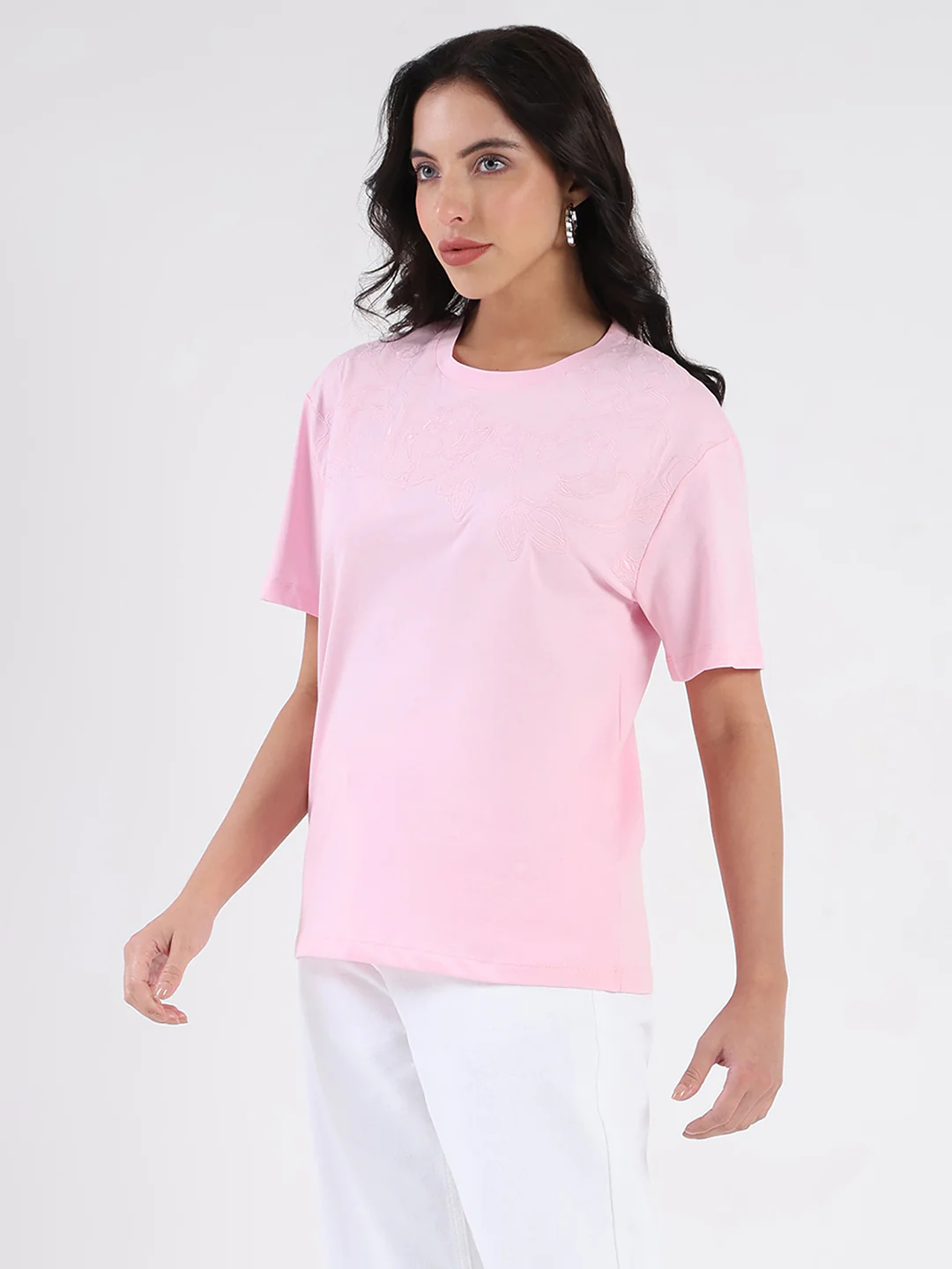 Madame Embroidered Half Sleeve Pink Cotton T-shirt - Image 5