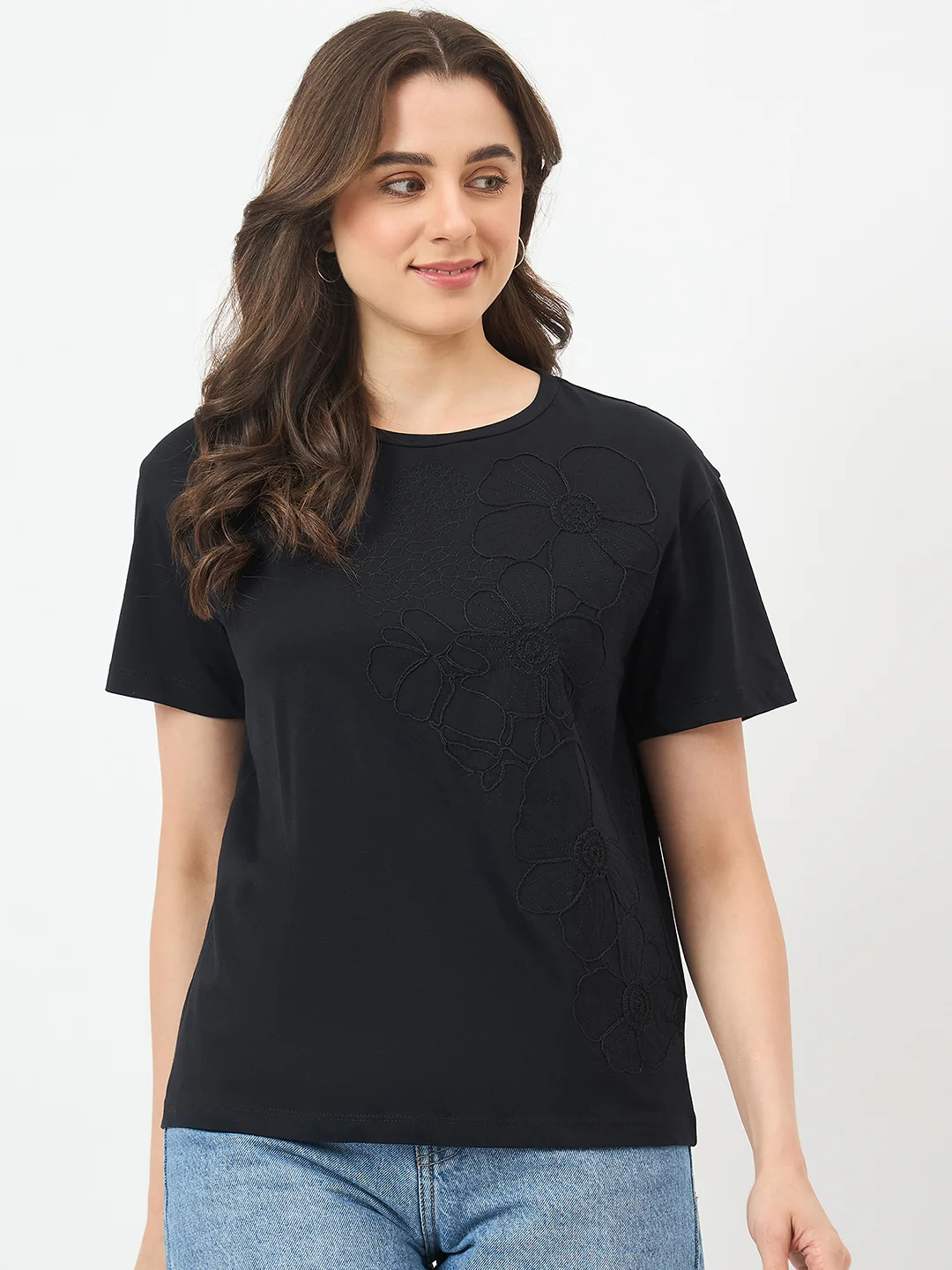 Madame Black Cotton Half-Sleeve T-Shirt