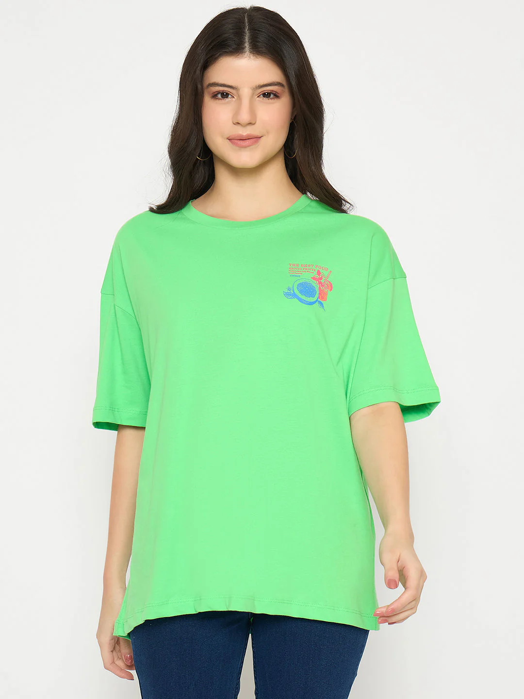Madame Print Detailing Round Neck Green Cotton T-shirt - Image 3