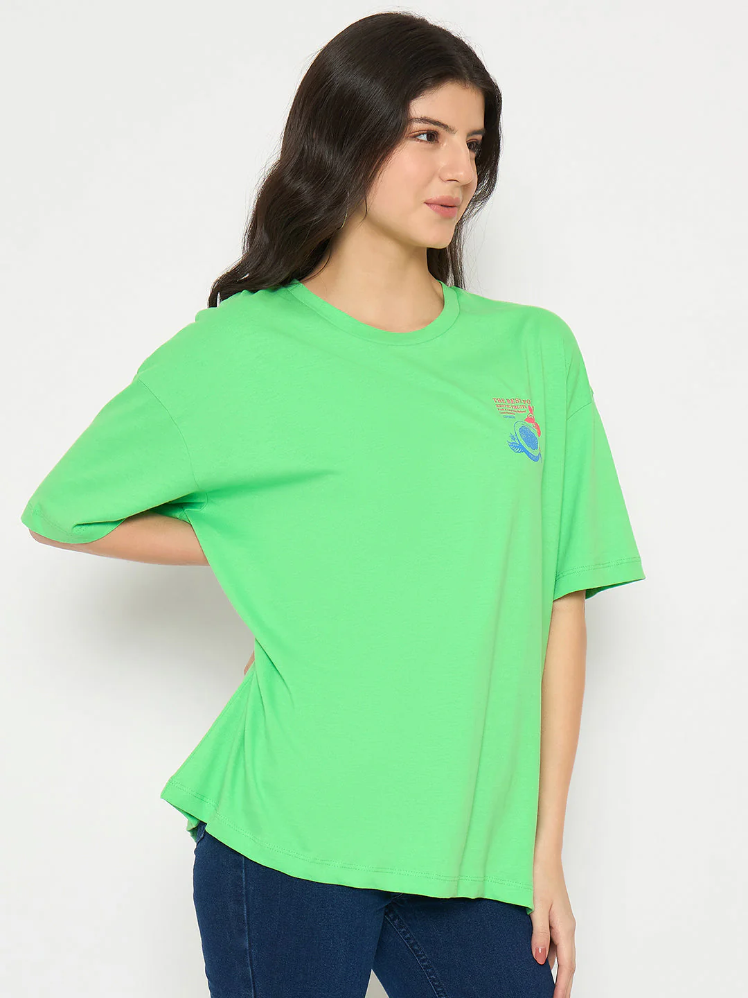 Madame Print Detailing Round Neck Green Cotton T-shirt - Image 4
