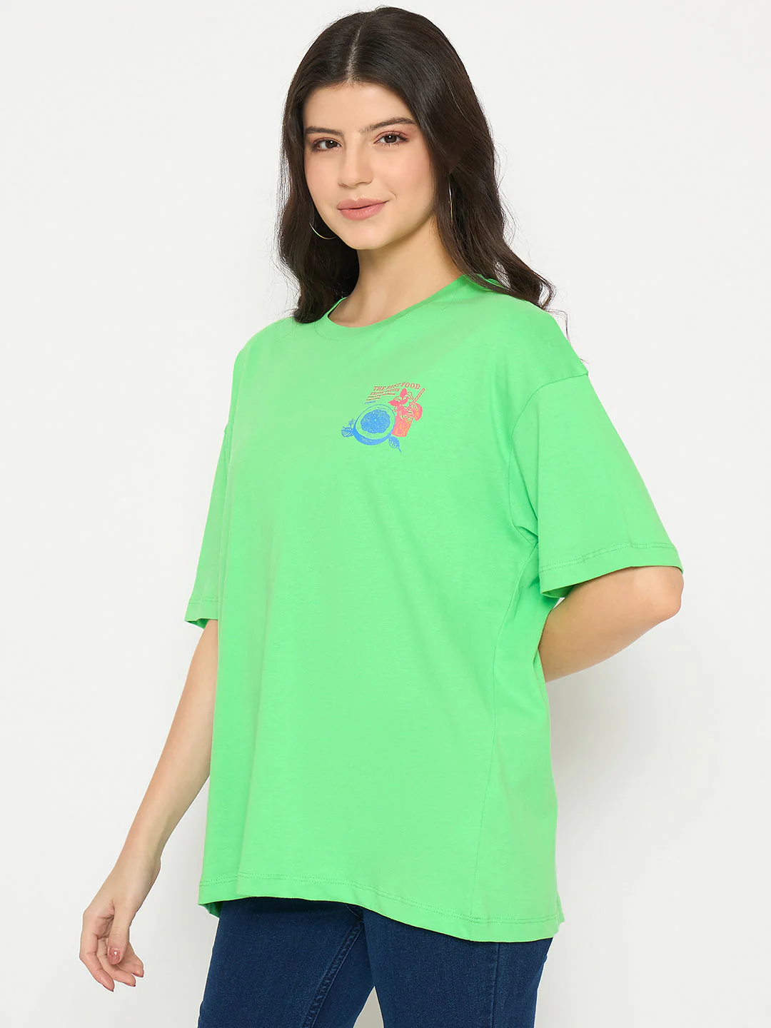 Madame Print Detailing Round Neck Green Cotton T-shirt - Image 5