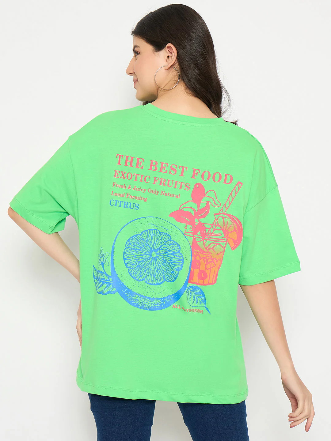 Madame Print Detailing Round Neck Green Cotton T-shirt - Image 6